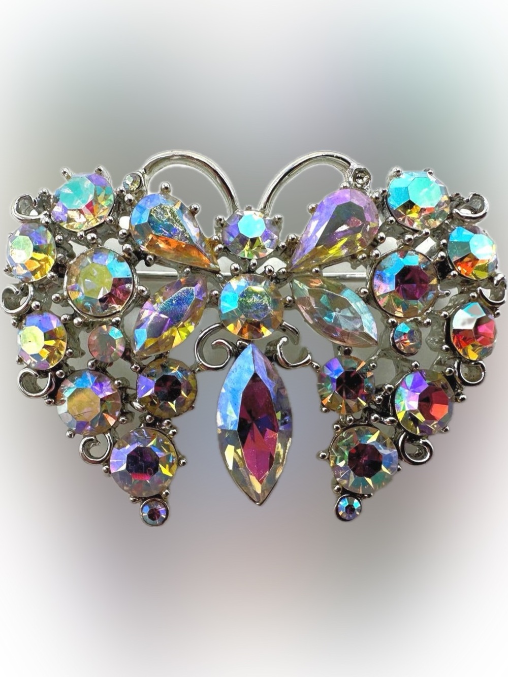 Vintage Aurora Borealis Sparkling Rhinestone Butterfly Brooch Silver Tone pin